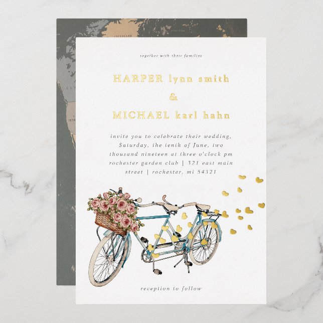 tandem bicycle world map wedding invitation (Front/Back)