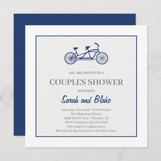 Tandem Bike Couples Wedding Shower Invitation (Front/Back)