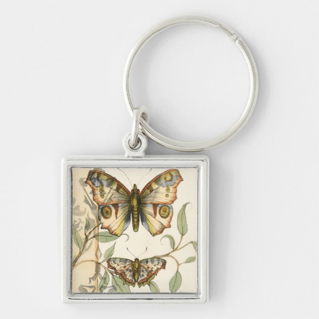 Tandem Butterflies Over Green Leaves Key Ring (Front)