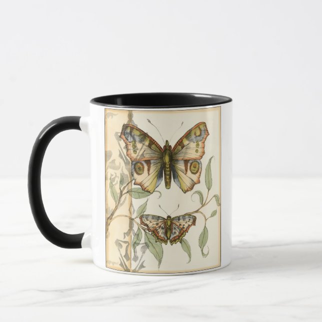 Tandem Butterflies Over Green Leaves Mug (Left)