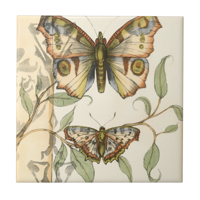 Tandem Butterflies Over Green Leaves Tile (Front)