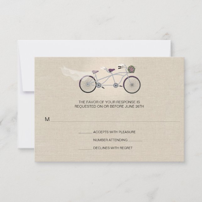 Tandem Plum Bicycle Wedding Faux Linen RSVP Card (Front)
