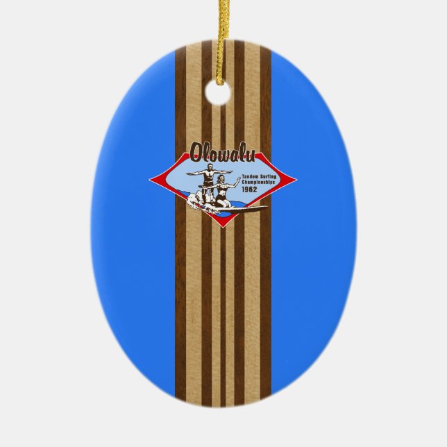 Tandem Surfing Hawaiian Faux Wood Surfboard Ceramic Tree Decoration (Front)