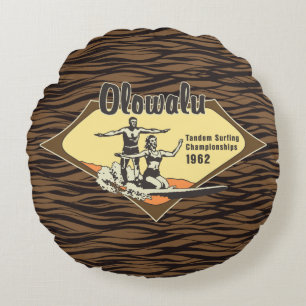 Tandem Surfing Hawaiian Vintage Surf Design Round Cushion