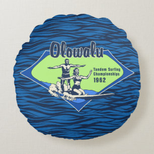 Tandem Surfing Hawaiian Vintage Surf Design Round Cushion