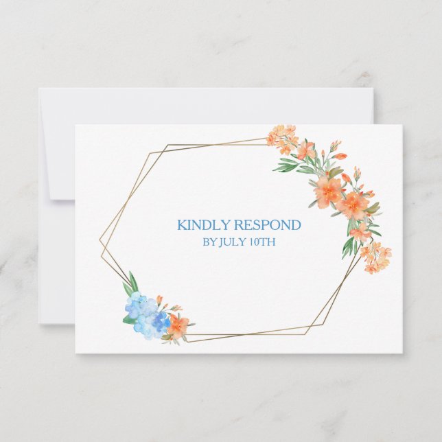 Tangerine and Blue Floral Frame Wedding RSVP Card (Front)