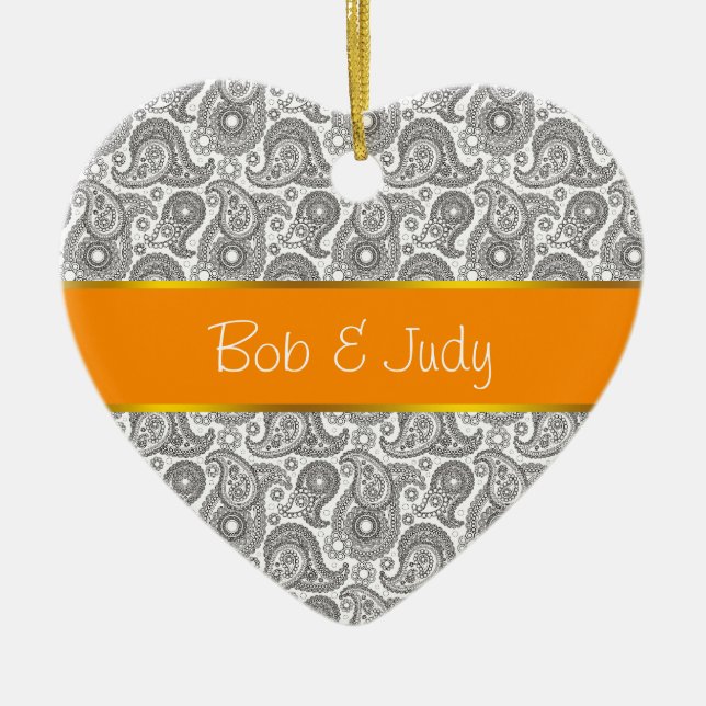 Tangerine Black Paisley Ceramic Tree Decoration (Front)