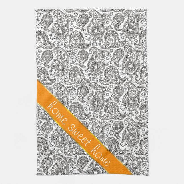 Tangerine Black Paisley Tea Towel (Vertical)