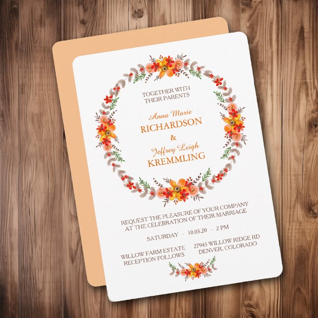 Tangerine Boho Floral Wreath Modern Wedding Invitation (Creator Uploaded)