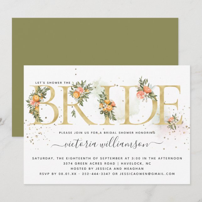 Tangerine Citrus and Gold Floral Bridal Shower Invitation (Front/Back)