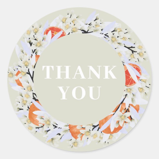 Tangerine Citrus Blooming Branches Wreath Floral Classic Round Sticker (Front)