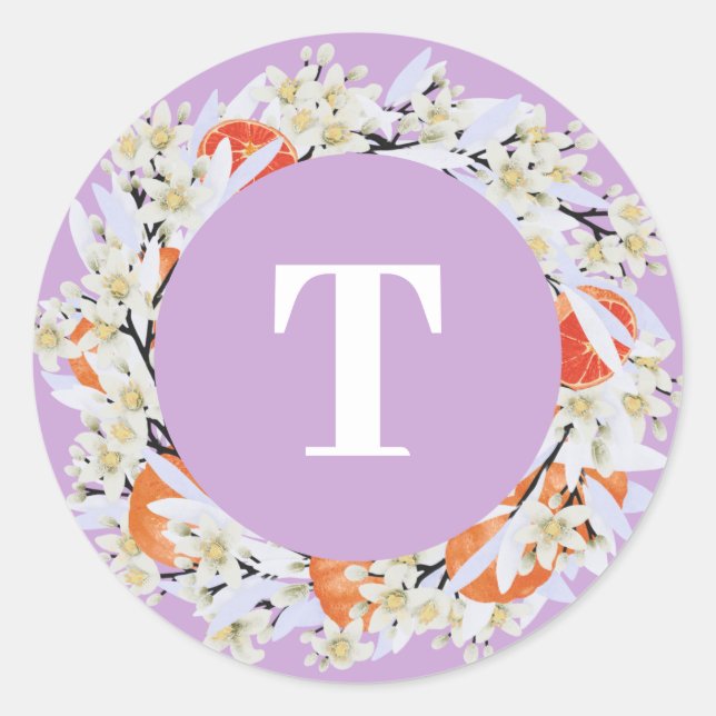 Tangerine Citrus Blooming Branches Wreath Floral Classic Round Sticker (Front)
