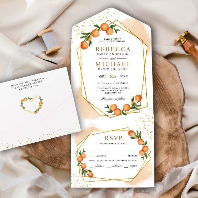 Tangerine Citrus Orange Gold Frame Wedding All In One Invitation (Creator Uploaded)