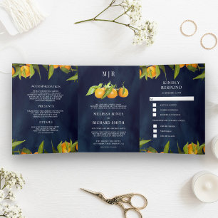 Tangerine Citrus Orange Orchard Navy Blue Wedding Tri-Fold Invitation