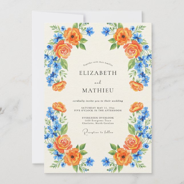 Tangerine Cobalt Painted Wedding Invitation (Front)