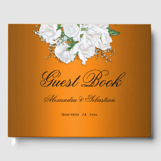 Tangerine Elegant White Roses Wedding Guest Book