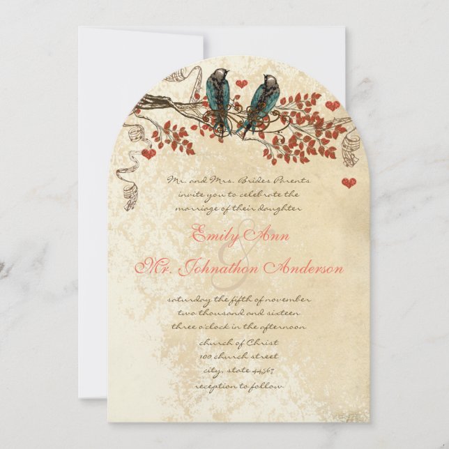 Tangerine Fall Leaves Vintage Bird Wedding Invite (Front)