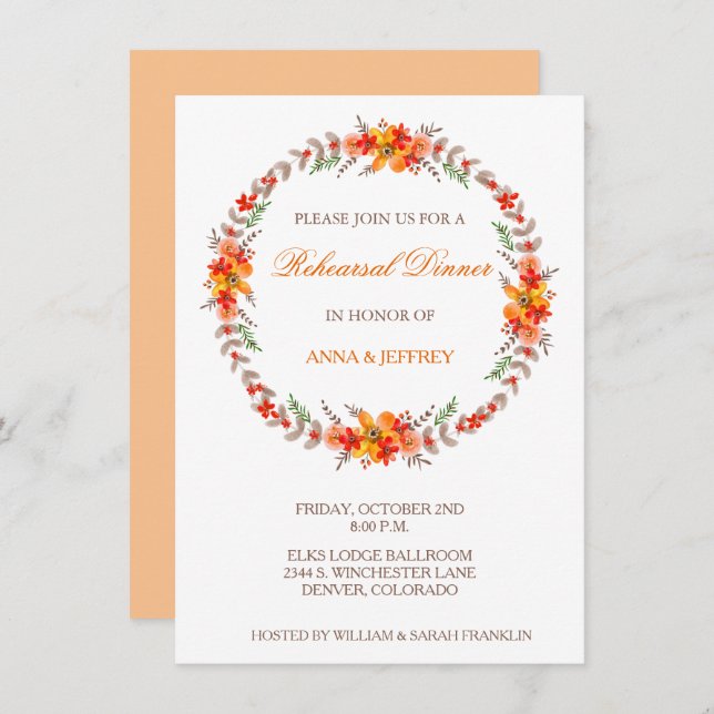 Tangerine Floral Wreath Wedding Rehearsal Dinner Invitation (Front/Back)