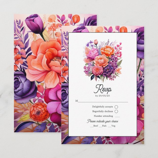Tangerine, Hot-Pink & Royal Purple Floral Wedding RSVP Card (Front/Back)