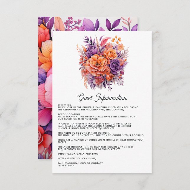 Tangerine, Hot-Pink & Royal Purple Guest Details Enclosure Card (Front/Back)