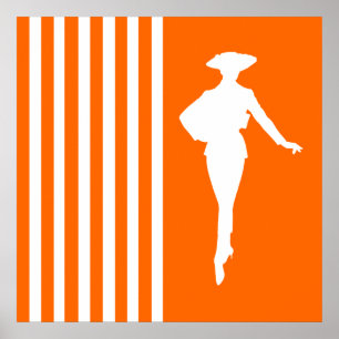 Tangerine Modern Stripes with Fashion Silhouette Poster