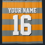 Tangerine Orange Charcoal Sports Jersey Stripe Shower Curtain<br><div class="desc">Preppy Striped Team Jersey / Sports Jersey / Football Jersey / Rugby Jersey with Custom Name Customise this with your own name or team name and a number. You can change the size, colour and placement of the text if you need to make changes, change the colour of or remove...</div>