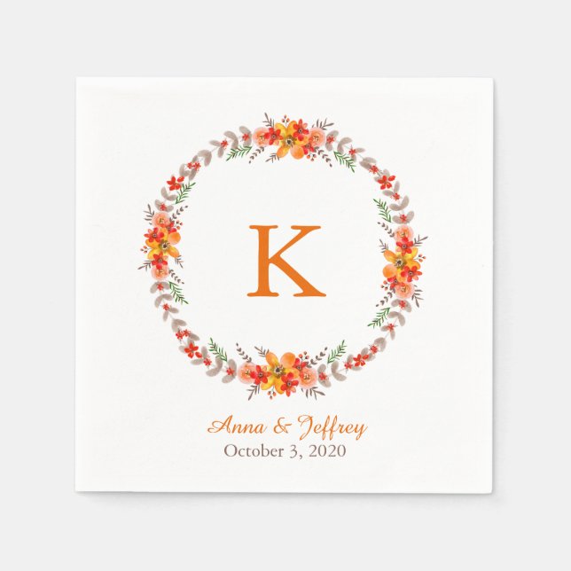 Tangerine Orange Floral Wreath Monogram Wedding Napkin (Front)