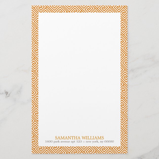 Tangerine Orange Greek Key Pattern Stationery (Front)