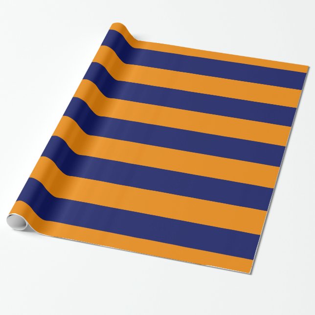 Tangerine Orange, Navy Blue XL Stripes Pattern V Wrapping Paper (Unrolled)