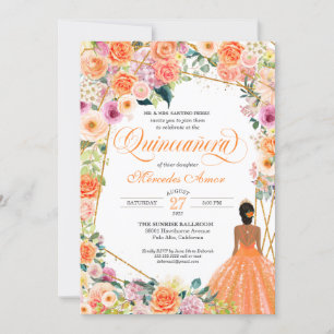 Tangerine Orange Peach Blush Roses Quinceanera Invitation