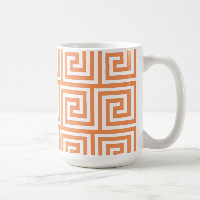 Tangerine Orange White Greek Key Pattern Coffee Mug (Right)