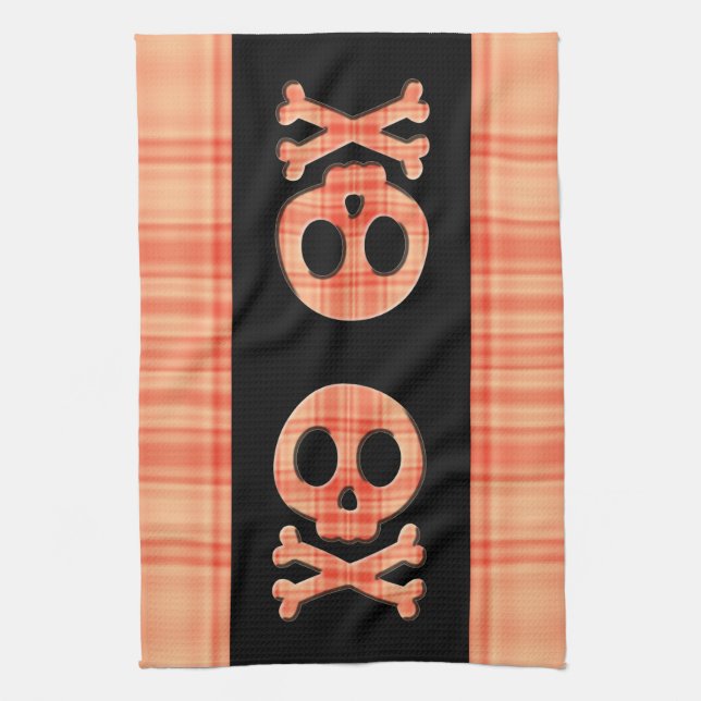 Tangerine Plaid Skull Tea Towel (Vertical)