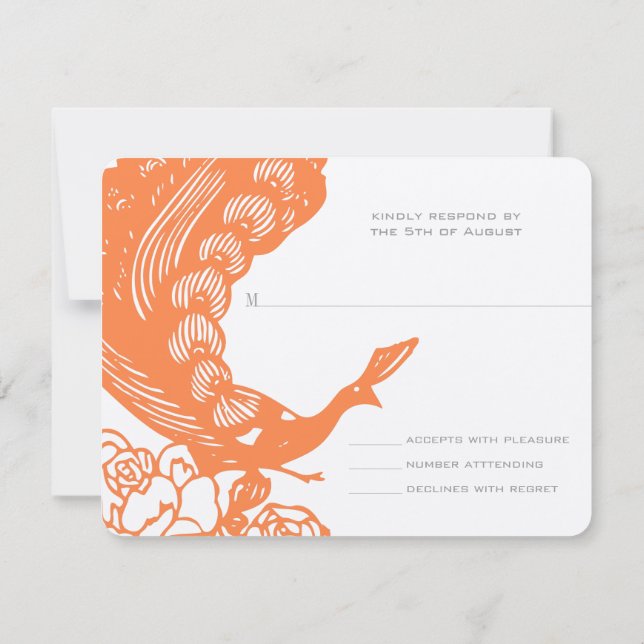 Tangerine Vintage Modern Peacock Wedding RSVP Card (Back)