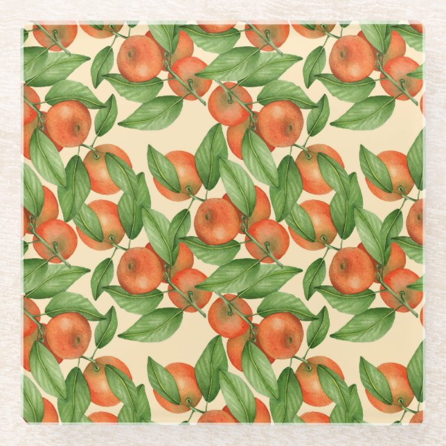 Tangerine watercolor, seamless fruit pattern. glass coaster (Front)