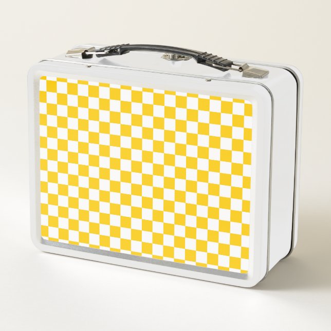 Tangerine yellow and white chequerboard metal lunch box (Back)