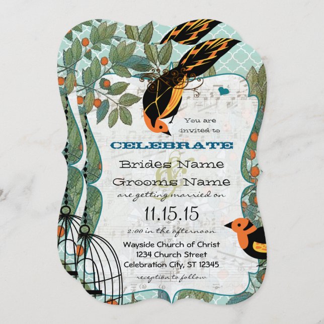 Tangerine Yellow & Black Art Deco Inspired Birds Invitation (Front/Back)