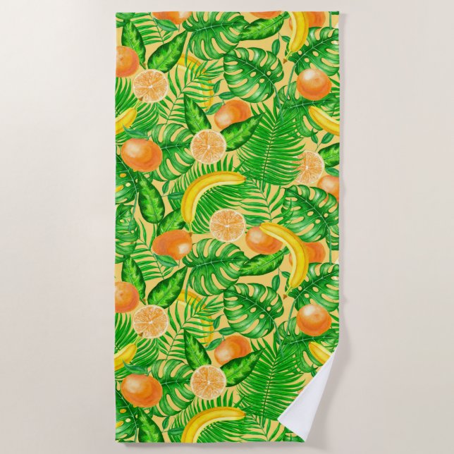 Tangerines, bananas and tropical leaves beach towel (Front)