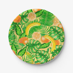 Tangerines, bananas and tropical leaves paper plate