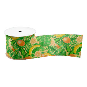 Tangerines, bananas and tropical leaves satin ribbon