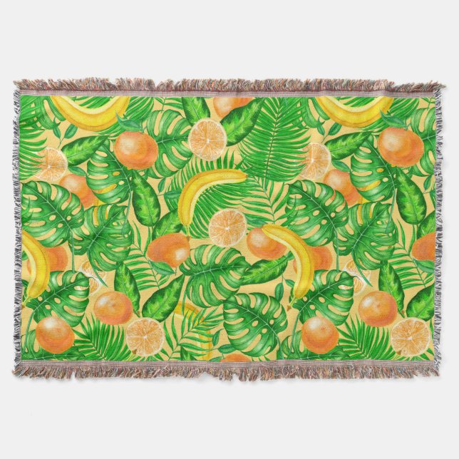 Tangerines, bananas and tropical leaves throw blanket (Front)