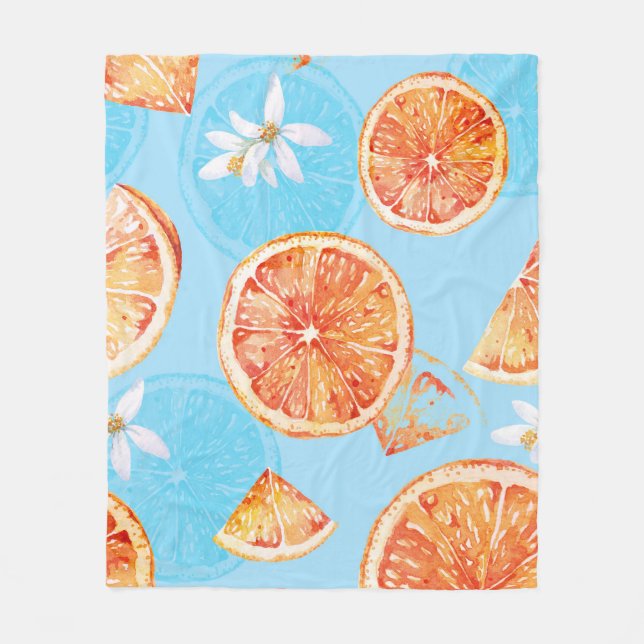 Tangerines Watercolor: Blue Luxurious Fabric Fleece Blanket (Front)