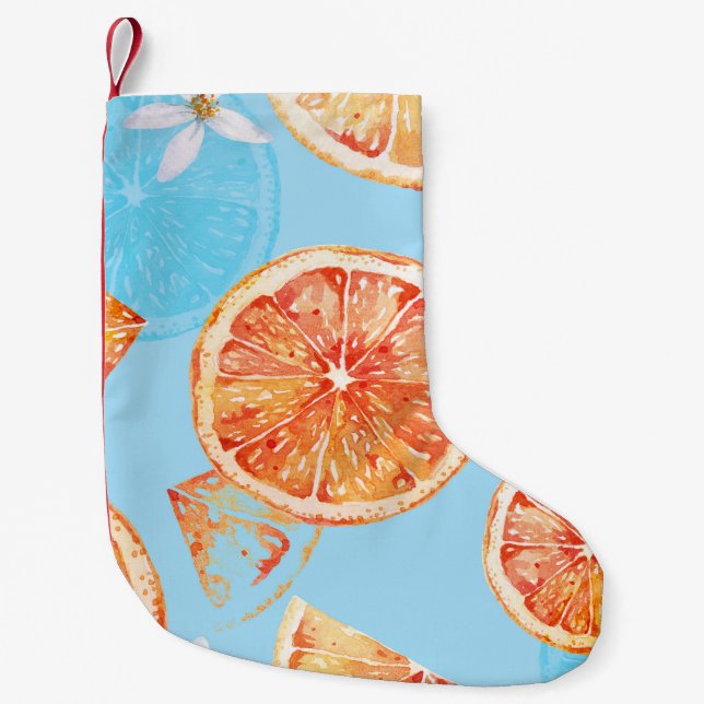 Tangerines Watercolor: Blue Luxurious Fabric Small Christmas Stocking (Front)