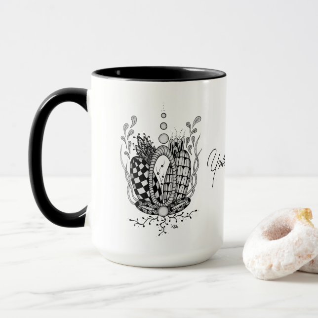 Tangle art: floral design, ovale - mug (With Donut)