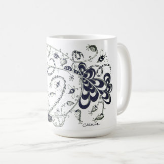 Tangle black and white pen drawing depicting bees coffee mug