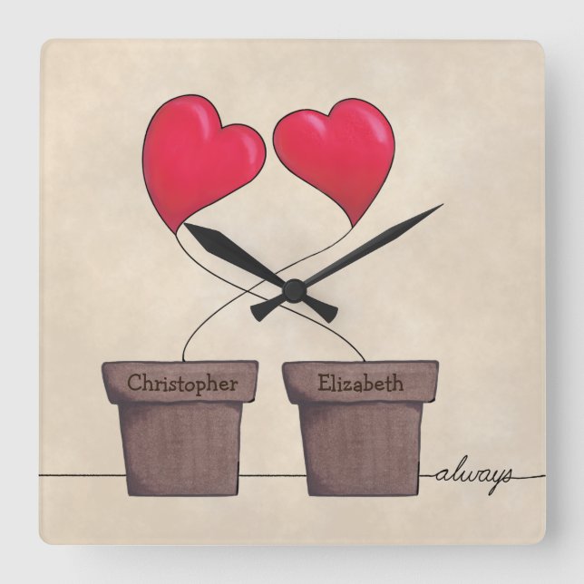 * Tangled Always Potted Hearts Square Wall Clock (Front)