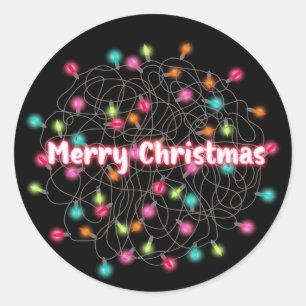 Tangled Christmas Lights Merry Christmas Neon Text Classic Round Sticker