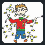 Tangled Christmas Lights Stickers<br><div class="desc">These Tangled Christmas Lights stickers understand that those halls don't deck themselves. The design features a hand drawn stick-figure man, wearing a red and green turtleneck sweater, while holding a tangled strand of yellow lights. The expression on his face says it all. Oh, what tangled lights we string! This stickers...</div>