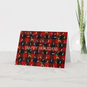 Tangled holiday lights on lumberjack plaid card