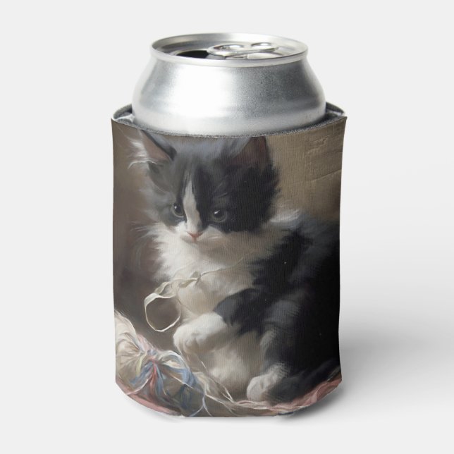 Tangled Up In Fun Black and White Kitten Can Cooler (Can Front)