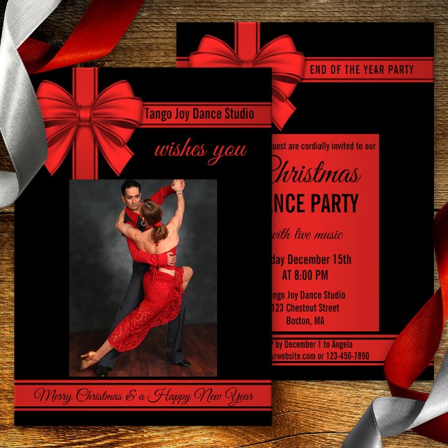 Tango Christmas New Year Dance Party Invitation (A minimalist black and red Christmas or New Year's Eve tango dance party invitation with your photo)